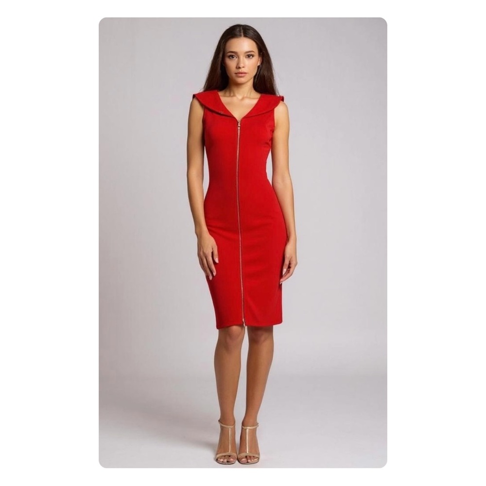 ★ NWOT Calvin Klein Portrait-Collar Sheath Bodycon Dress - Red/Gold ★